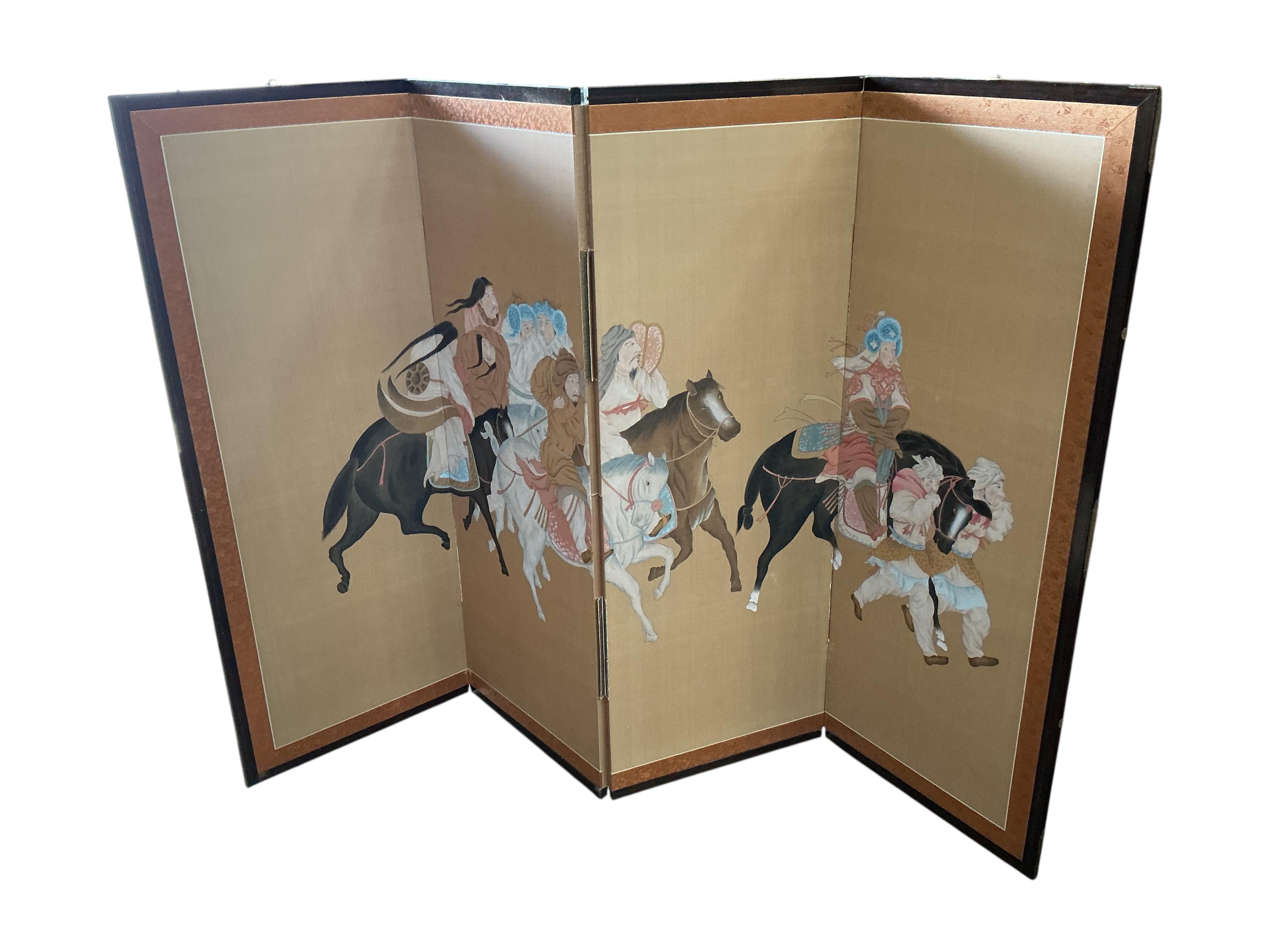 A Chinese four fold screen, each panel width 47cm, height 122cm